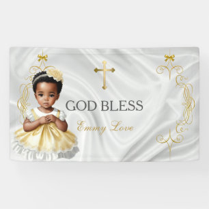 Doopbanner voor babymeisje met gouden kruis spandoek