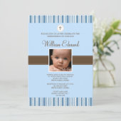 doopblauwe streep foto uitnodiging - jongen (Staand voorkant)