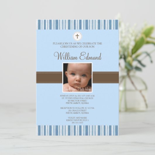 doopblauwe streep foto uitnodiging - jongen (Staand voorkant)