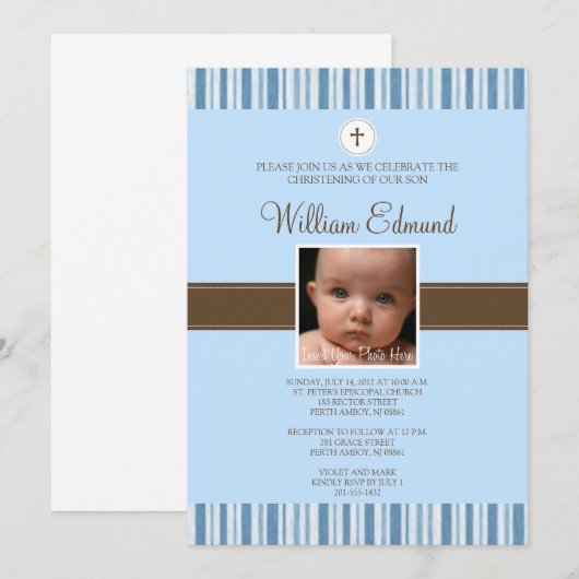 doopblauwe streep foto uitnodiging - jongen (Voorkant / Achterkant)