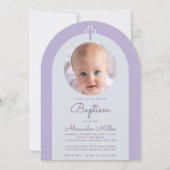 Doopboog foto lavendel paarse kruis & script kaart (Voorkant)