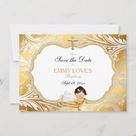 Doopdatum Meisje Opslaan Gouden Kruis Save The Date (Voorkant)