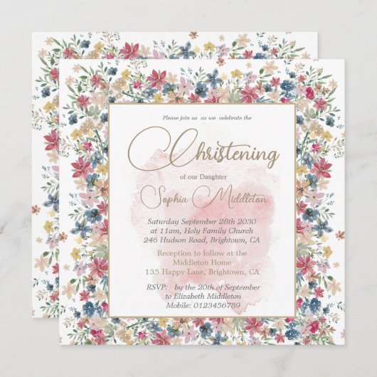 Doopdoop Roze Bloemen Religieus Kruis Kaart (Voorkant / Achterkant)