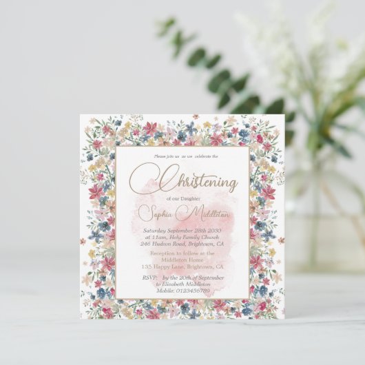 Doopdoop Roze Bloemen Religieus Kruis Kaart (Staand voorkant)