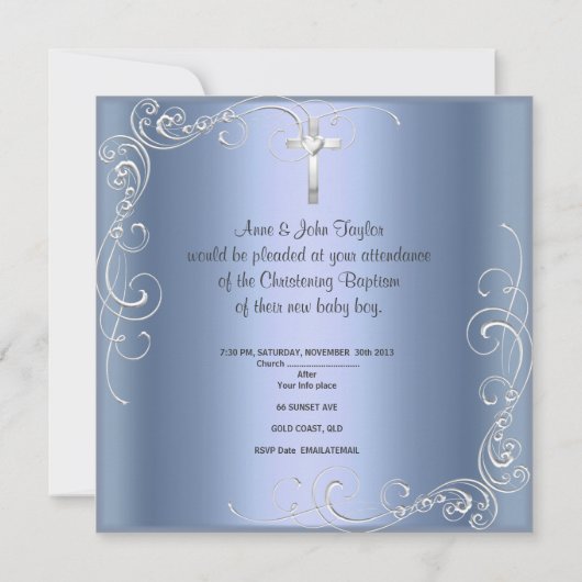 Doopfeest Baby Jongen Blauwe Zilveren Kruis Kaart (Achterkant)