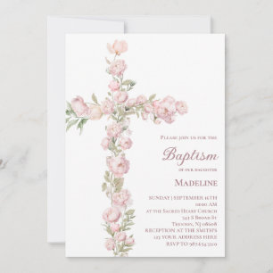 doopfeest baby meisje roze pioenrozen bloemkruis kaart