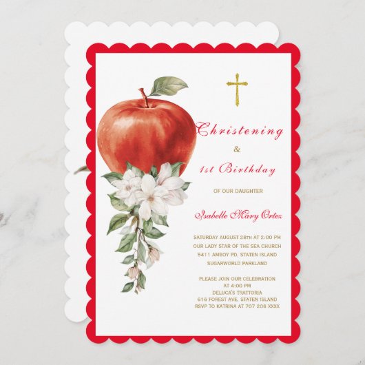 Doopfeest en eerste verjaardag Apple uitnodiging (Voorkant / Achterkant)