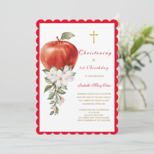 Doopfeest en eerste verjaardag Apple uitnodiging (Staand voorkant)