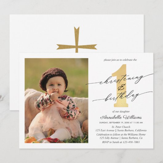 doopfeest en eerste verjaardag foto kaart (Voorkant / Achterkant)