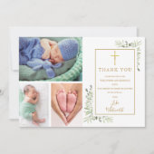 Doopfeest groen 3 foto bedankkaart (Voorkant)