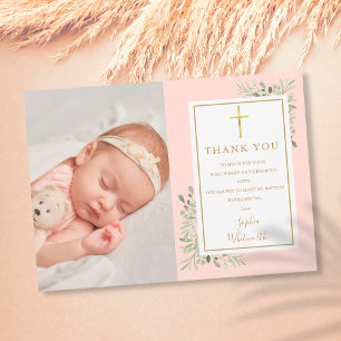 Doopfeest groen blush roze foto bedankkaart