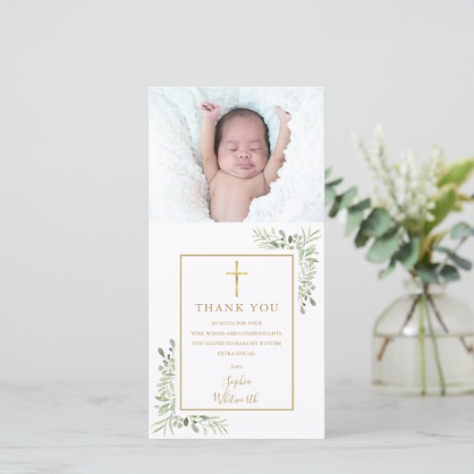 Doopfeest groen foto bedankkaart (Staand voorkant)