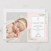 Doopfeest groen roze waterverf foto bedankkaart (Voorkant)