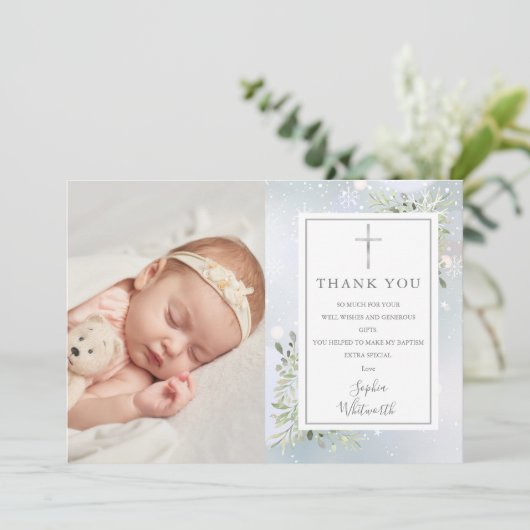 Doopfeest groene winter foto bedankkaart (Staand voorkant)