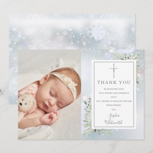 Doopfeest groene winter foto bedankkaart (Voorkant / Achterkant)