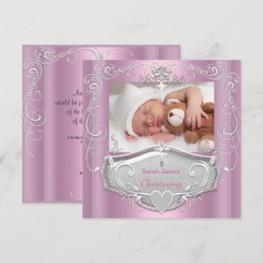 Doopfeest Meisje Doop Pink Zilver Kruis Kaart (Voorkant / Achterkant)