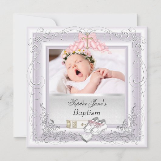 Doopfeest Meisje Doop Wit Roze Aankondiging (Voorkant)
