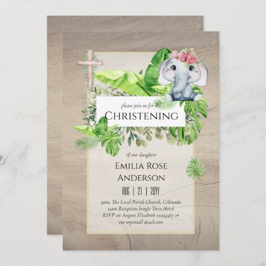 Doopfeest uitnodiging voor meisjes Baby Olifant Ju (Voorkant / Achterkant)