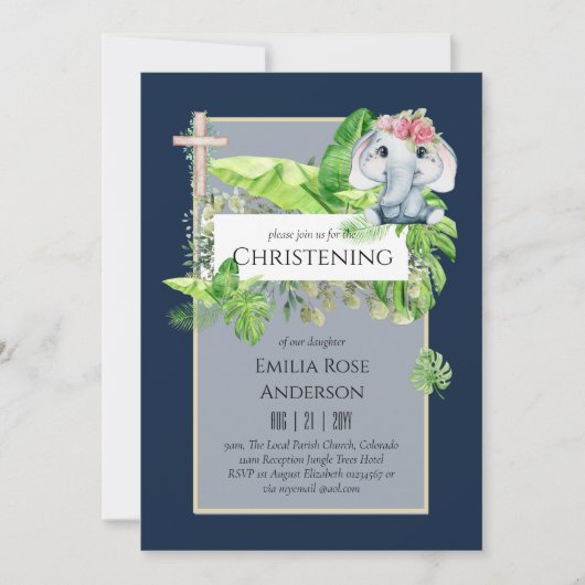 Doopfeest uitnodiging voor meisjes Baby Olifant Ju (Voorkant)
