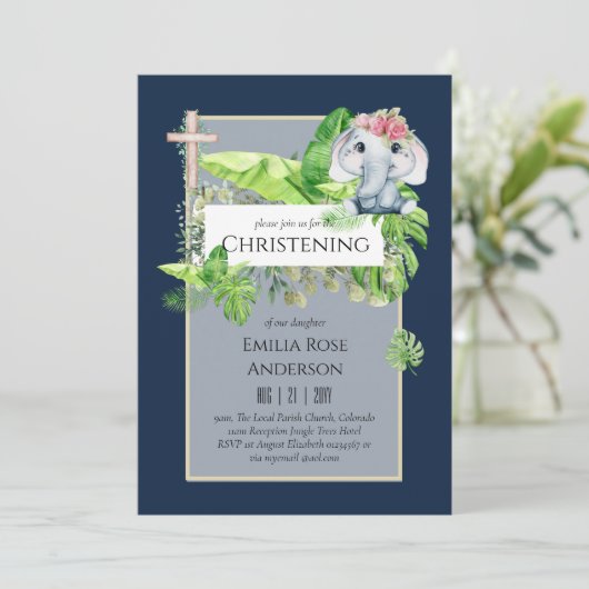 Doopfeest uitnodiging voor meisjes Baby Olifant Ju (Staand voorkant)