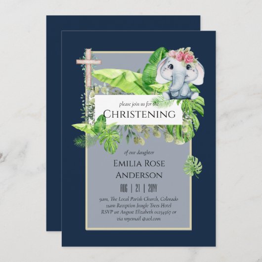 Doopfeest uitnodiging voor meisjes Baby Olifant Ju (Voorkant / Achterkant)