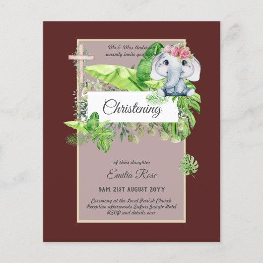 Doopfeest uitnodiging voor meisjes Baby Olifant Ju (Voorkant)