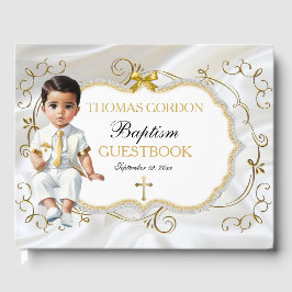Doopfeest voor babyjongens, wit en goud kruis gastenboek