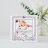 Doopfeest voor babymeisje witte lila roze kaart (Staand voorkant)