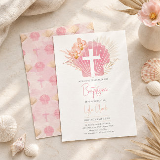 Doopfeest voor meisje | Boho Roze Schelp Kruis Kaart