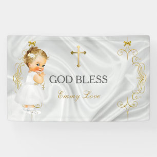 Doopfeestje baby meisje gouden kruis spandoek