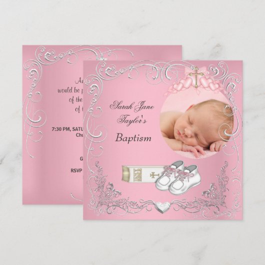 Doopfeestje Meisje Doop Wit Roze Bijbel Aankondiging (Voorkant / Achterkant)