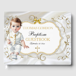 Doopfeestje voor baby jongen Wit & Gouden Kruis Gastenboek