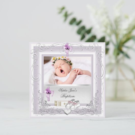 Doopfeestje voor babymeisje in witte lila en roze kaart (Staand voorkant)