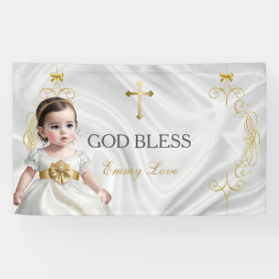 Doopfeestje voor meisje, gouden kruis spandoek