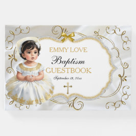 Doopfeestje voor meisje, witte en gouden kruis gastenboek