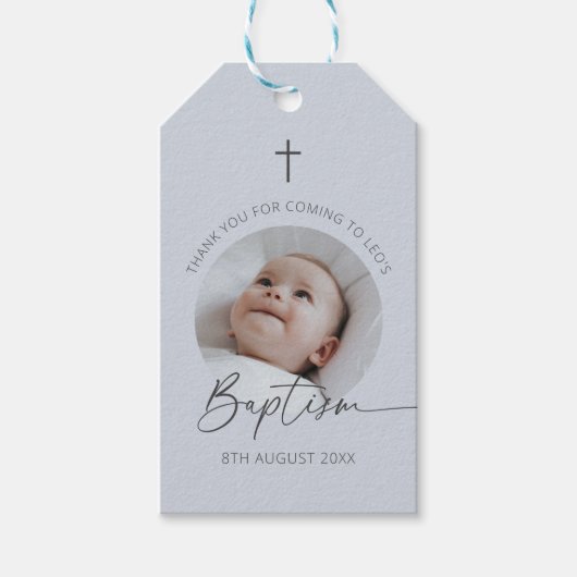 Doopfoto Bedankt Stofblauw Cadeaulabel (Voorkant)