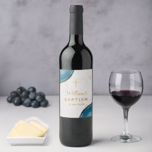 Doopjongen Blauwe Geode Gouden Kruis Witte Marmer Wijn Etiket