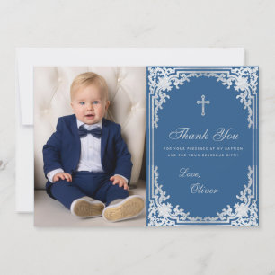Doopjongen foto klassiek blauw vintage elegant bedankkaart
