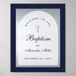 Doopjongen Navy Blauw Zilveren Boog Welkomstbord Poster