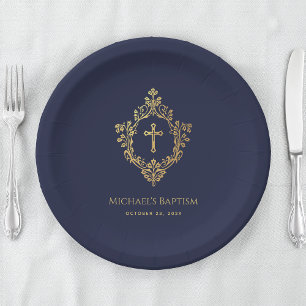 Doopjongen Navy Blauwe Nep Gouden Crest Religieus Papieren Bordje