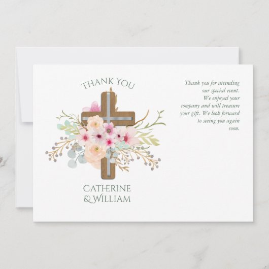 Doopkaart BEDANKJE - salie roze Flora kruis Kaart (Voorkant)