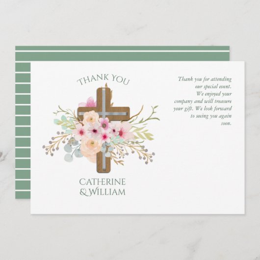 Doopkaart BEDANKJE - salie roze Flora kruis Kaart (Voorkant / Achterkant)