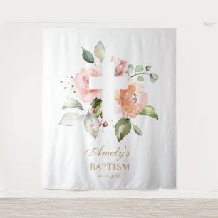 Doopmeisje achtergrond - Roze bloemen kruis Wandkleed