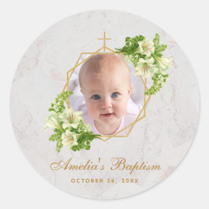 Doopmeisje Foto Bloem Wit Lelies Goud Marmer Ronde Sticker
