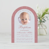 Doopmeisje foto moderne arch dusty rose script kaart (Staand voorkant)