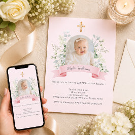 Doopmeisje Roze Foto Boog Witte Bloemen Kaart
