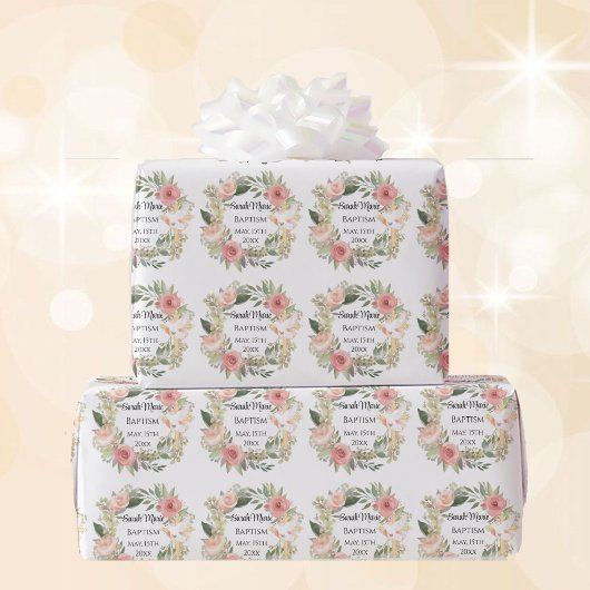 Doopnaam Datum Cross Dove Spring Flowers Cadeaupapier