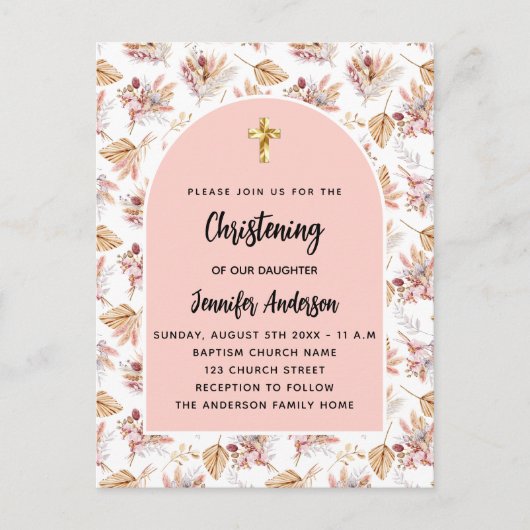 Dooppampas bloemen roos goud roze meisje uitnodiging briefkaart (Voorkant)