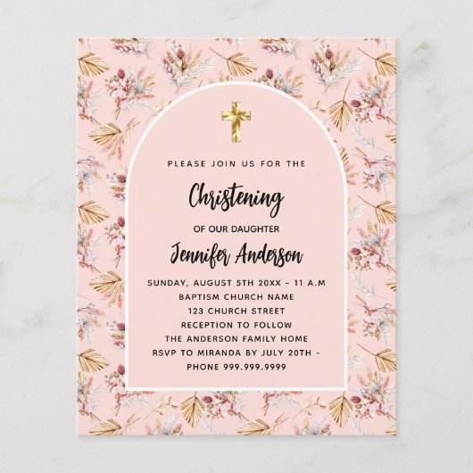 Dooppampas florals roos begrotingsuitnodiging (Voorkant)