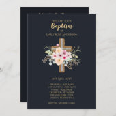 Doopprogramma - Bloemenkruis Navyblauw Goud Programmakaart (Voorkant / Achterkant)